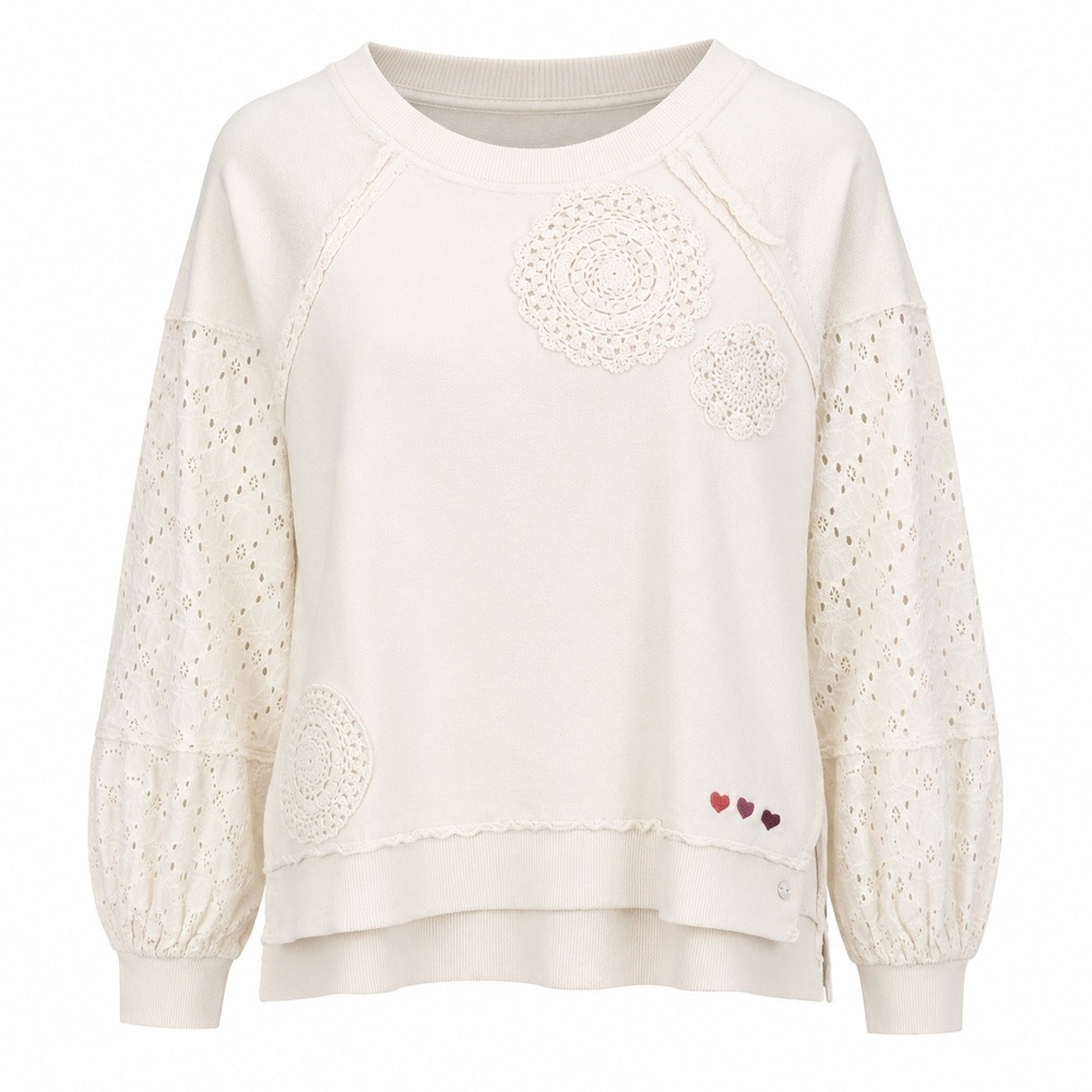Cream CrochetLace Sweatshirt Eyelet Sleeves Embroidered Hearts Soft Aesthetic XS